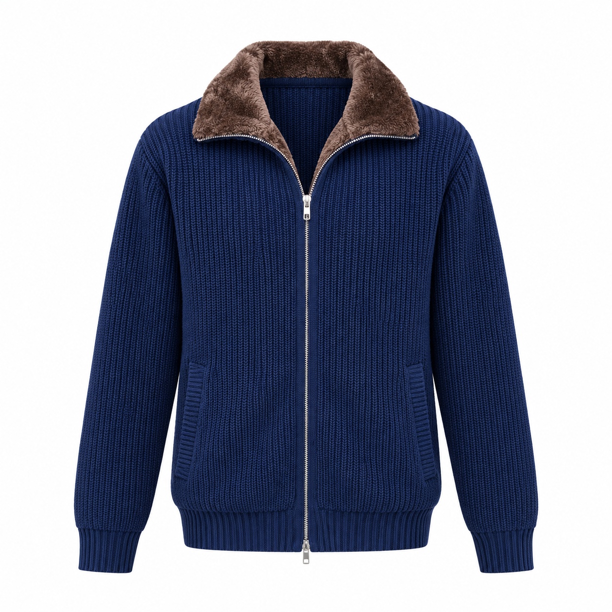 Men's 100% Cotton Ribbed Knit Full-Zip Jacket with Plush Collar