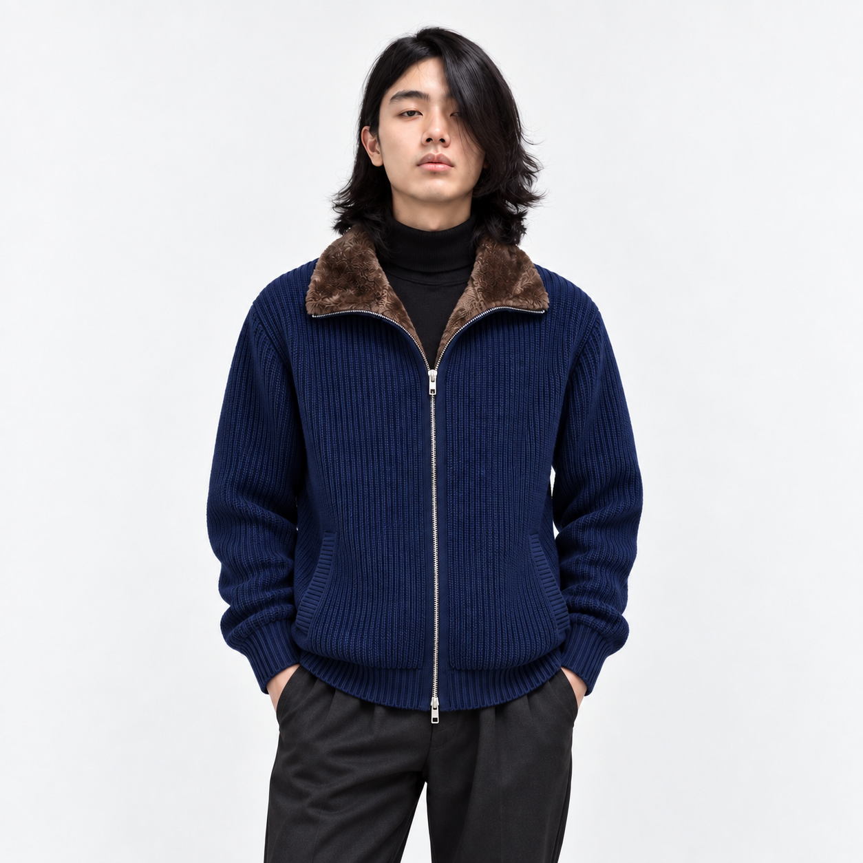 Men's 100% Cotton Ribbed Knit Full-Zip Jacket with Plush Collar - Image 3