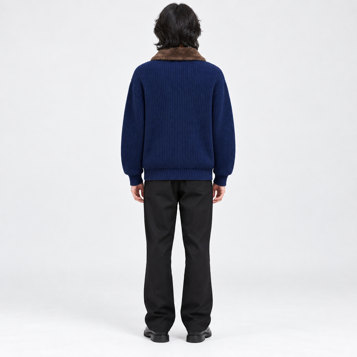 Men's 100% Cotton Ribbed Knit Full-Zip Jacket with Plush Collar - Image 4